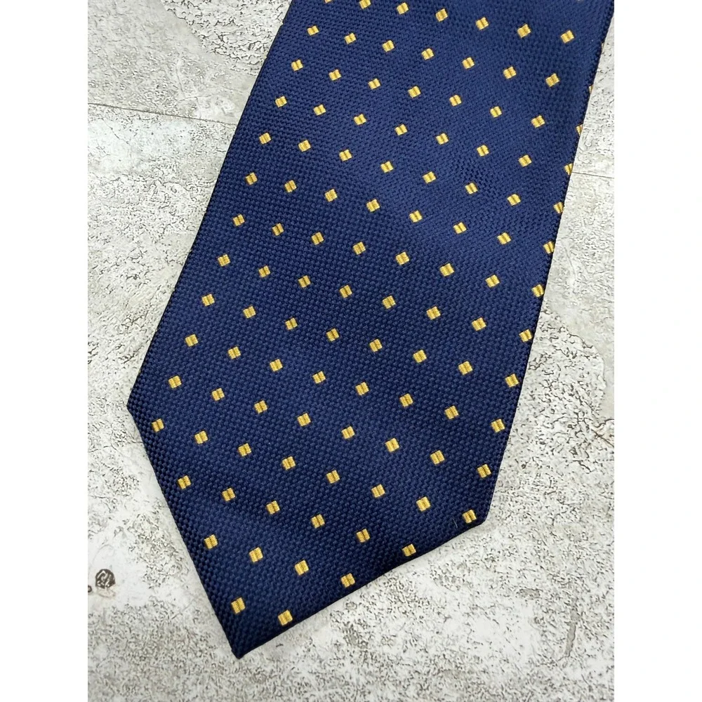 Henry Jacobson Necktie Mens OS Navy Blue Gold Square‎ Geometric Silk